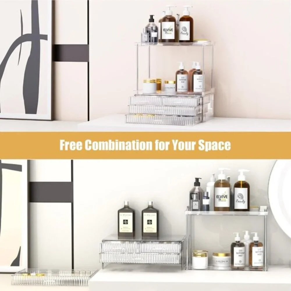 New 2-Tier Amber Clear Bathroom Organizer, Vanity Storage with 4 Drawers